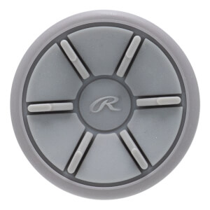 Top-down view of a gray bat end cap with a segmented design, central Rawlings R logo, and light gray inserts.