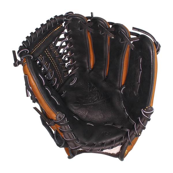 Top-down view of a black and tan baseball glove with detailed lacing and a textured palm.