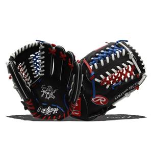 Front view of black baseball gloves with red, white, and blue lacing and Rawlings branding.
