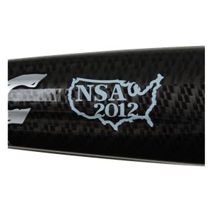 Side view of a black softball bat with NSA 2012 logo and carbon fiber texture.