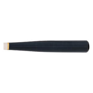 Side view of a dark blue baseball bat with a white knob and gold accent ring.