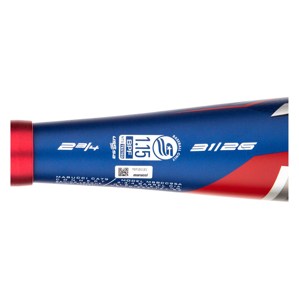 Side view of a blue baseball bat with red accents, showing 2 1/4, USSSA, BPF 1.15, and 31/25 markings.