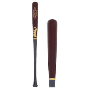 Front view of a maroon baseball bat with gold MAX logo and gray handle.