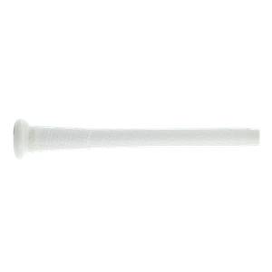 Side view of a white baseball bat with a textured grip and a rounded knob.