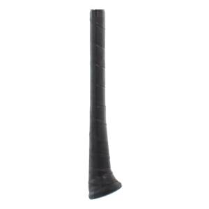 Close-up of a black baseball bat grip with spiral texture and a flared end.