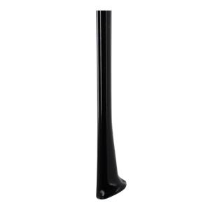 Bottom view of a black baseball bat with a flared knob and smooth finish.