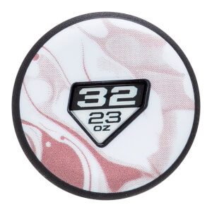 Top-down view of a white and pink fastpitch softball bat end cap with a marble pattern and a black 32 23 OZ insert.