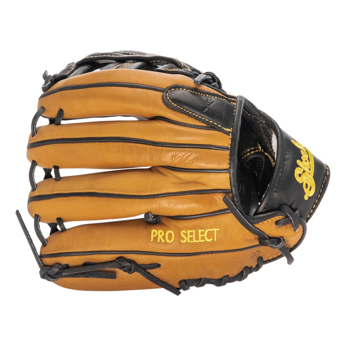 Side view of a tan and black baseball glove with PRO SELECT text and Shoeless Joe logo.