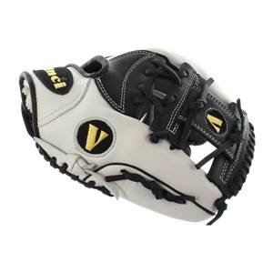 Side view of a white and black baseball glove with gold V logos and white stitching.