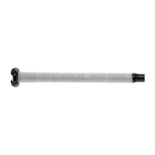 Side view of a white fastpitch softball bat with a patterned grip and black end cap.