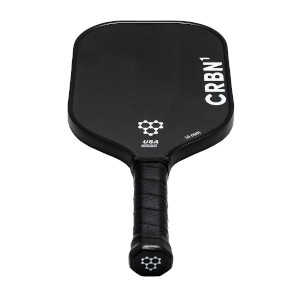 Top-down view of a black CRBN¹ pickleball paddle with honeycomb logo and 16 mm text.