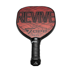 Front view of a red pickleball paddle with black REVIVE text and a TOPP logo.