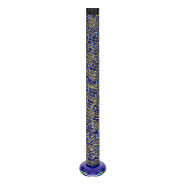 Side view of a dark blue fastpitch softball bat grip with a yellow geometric pattern and a solid purple knob.