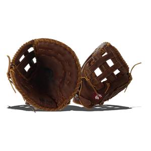 Top-down view of brown Nokona baseball gloves with visible branding and a webbed design.