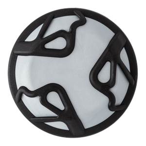 End cap view of a white baseball bat with black abstract design.
