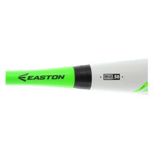 Side view of a white and green baseball bat with Easton branding and BBCOR .50 certified label.