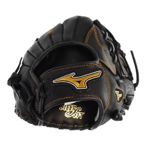 Front view of a black baseball glove with gold Mizuno logo and Super Soft text.
