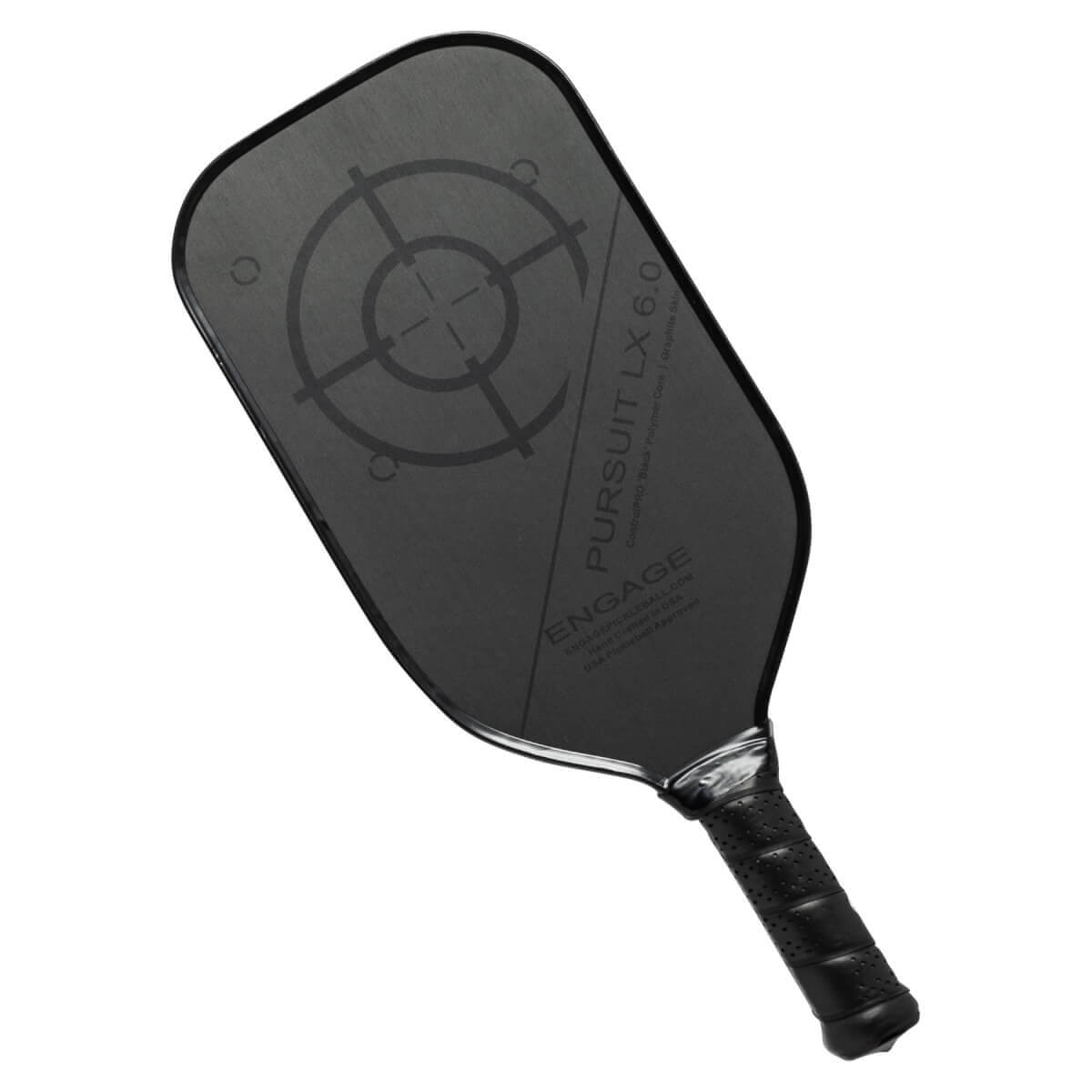 Top-down view of a black pickleball paddle with a target design and ENGAGE PURSUIT LX 6.0 text.