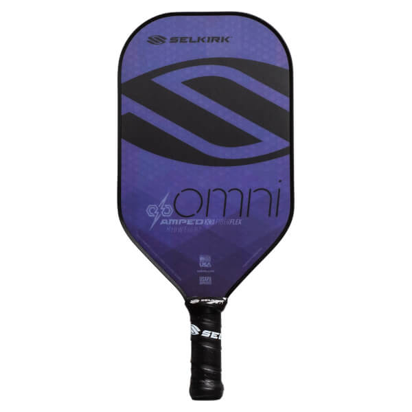 Front view of a purple pickleball paddle with a large black S graphic, OMNI text, and a black grip.