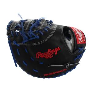 Front view of a black first base mitt with red Rawlings branding and blue lacing.