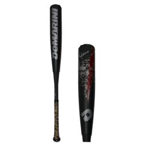 Side view of a black baseball bat with DeMarini branding and a patterned grip.