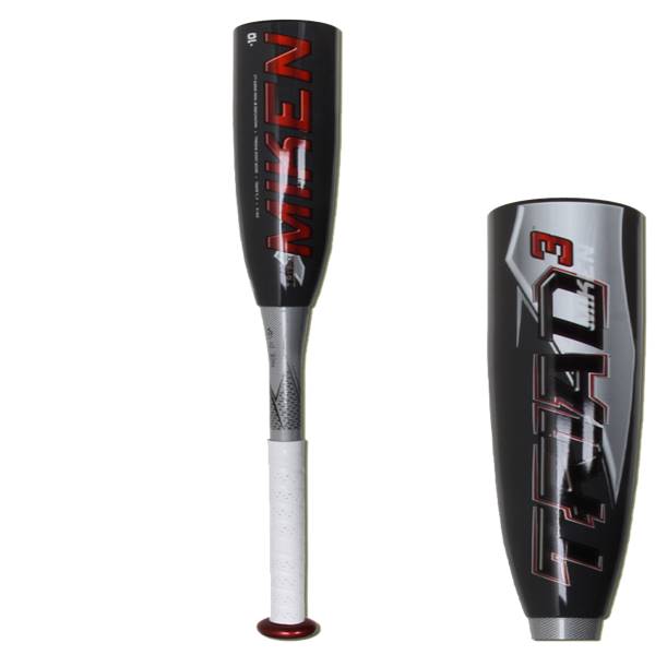 Front view of a black baseball bat with red MIKEN text and a white grip.