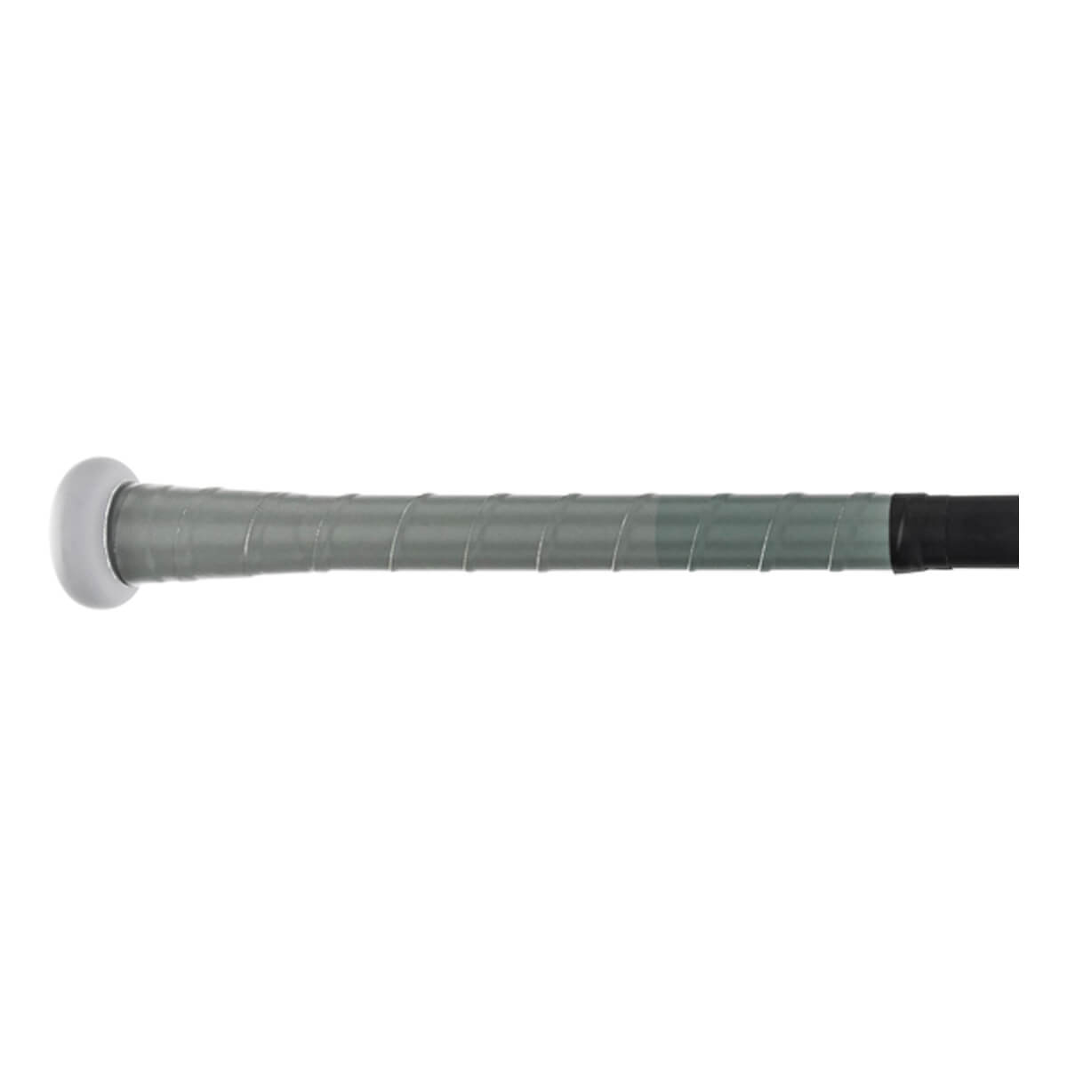 Close-up of the bat handle featuring a grey spiral-wrapped grip, a light grey rounded knob at the base, and a black section at the top.