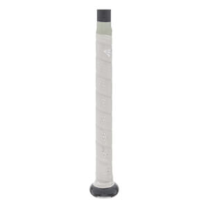 Close-up of a white Easton softball bat grip with a spiraled texture, sparkly dots, and a black knob.