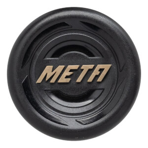 End cap view of a black baseball bat with gold META text and circular design.