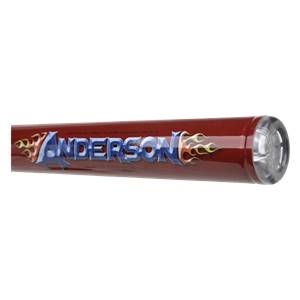 Side view of a red softball bat with ANDERSON and flame graphics.
