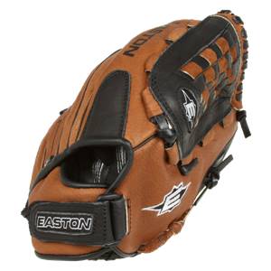 Top-down view of a brown baseball glove with black accents and white Easton branding.