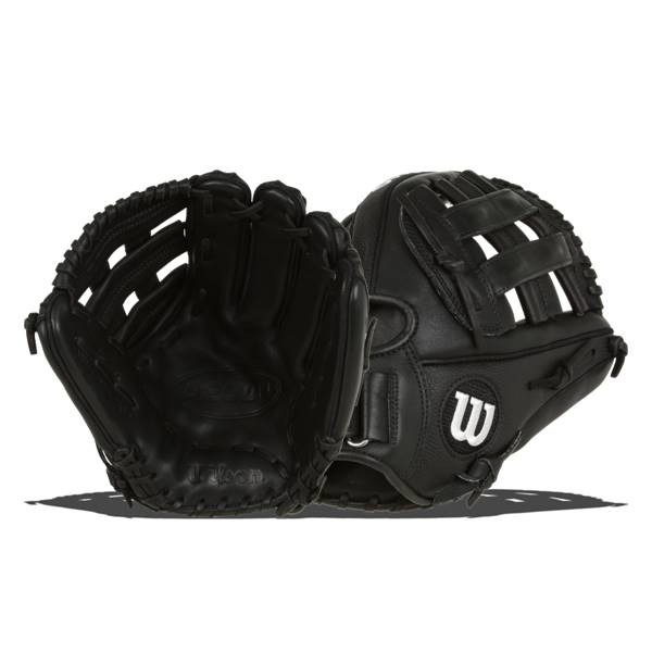 Front view of a black baseball glove with a Wilson logo and open webbing.