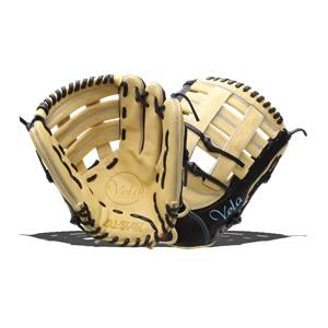 Top-down view of a tan and black fastpitch glove with Vela and ALL-STAR branding.