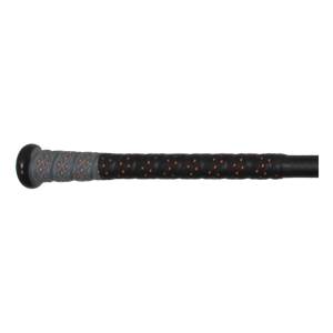 Side view of a black baseball bat with a gray diamond-patterned grip and an orange-dotted black grip.