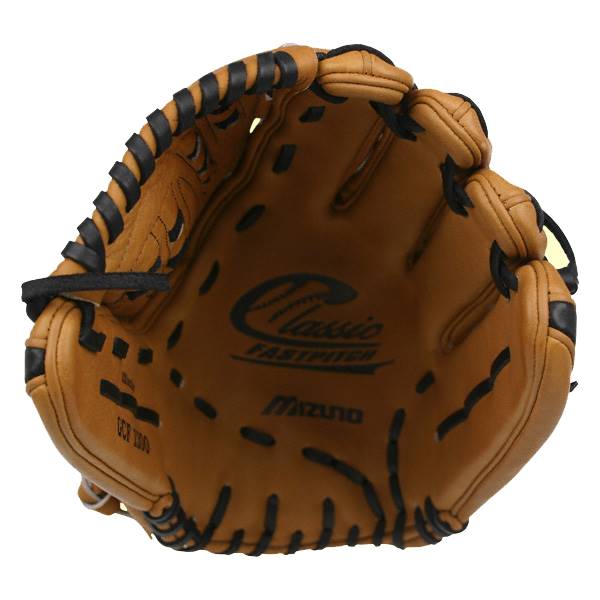 Top-down view of a tan fastpitch glove with black lacing and Classic Fastpitch and Mizuno branding.