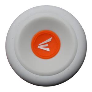 Top-down view of a white baseball bat end cap with an orange circular logo and a white E symbol.