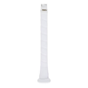 Full view of a white baseball bat handle with a spiral-wrapped grip, a white knob, and REV text near the top.