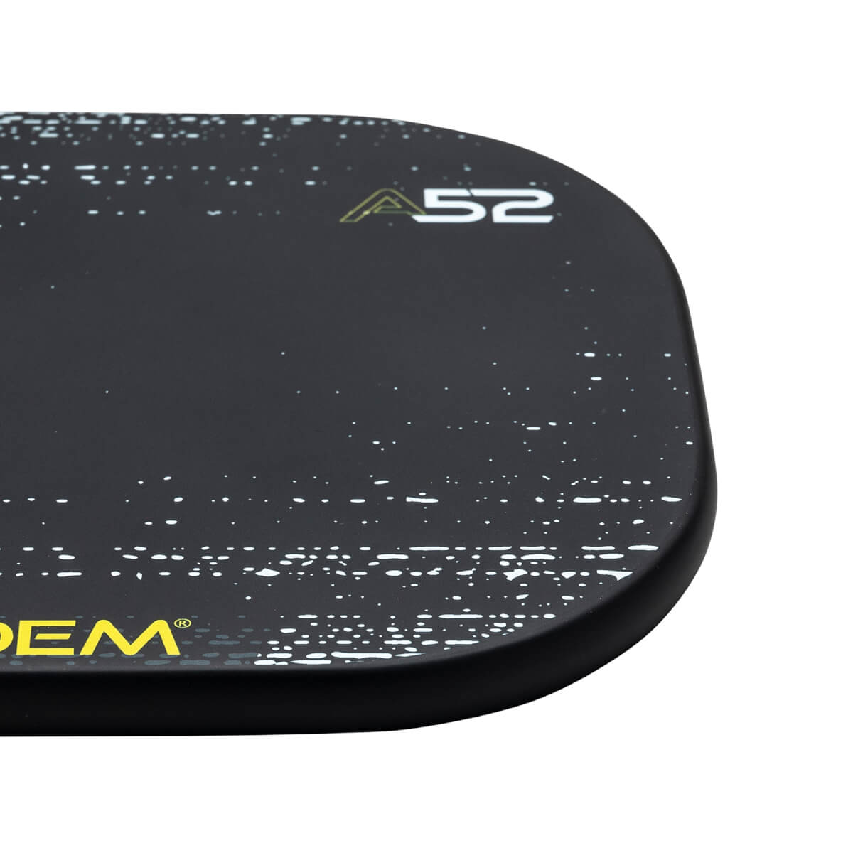 Corner view of a black pickleball paddle with white speckle pattern and A52 logo.