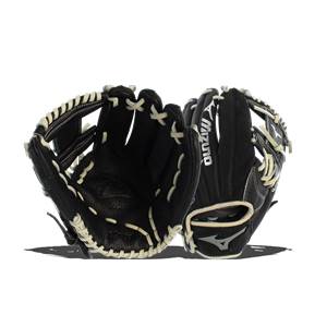 Front view of a black baseball glove with white stitching and Mizuno branding.