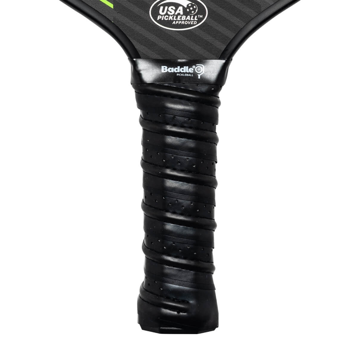 Close-up of a black pickleball paddle grip with Baddle branding and USA Pickleball Approved logo.