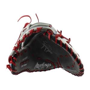 Top-down view of a grey and black first base mitt with red lacing and Rawlings branding.