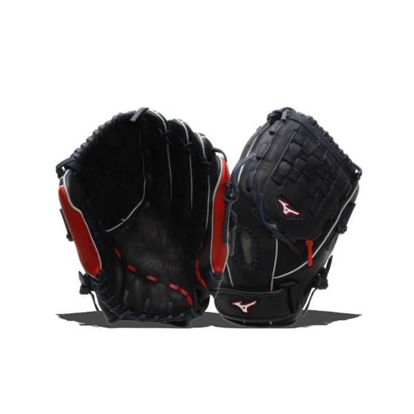 Front view of black Mizuno MVP Prime SE Fastpitch Series gloves with red accents and white stitching.