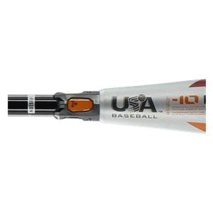 Close-up of a silver USA Baseball bat with orange accents and FUSION text.
