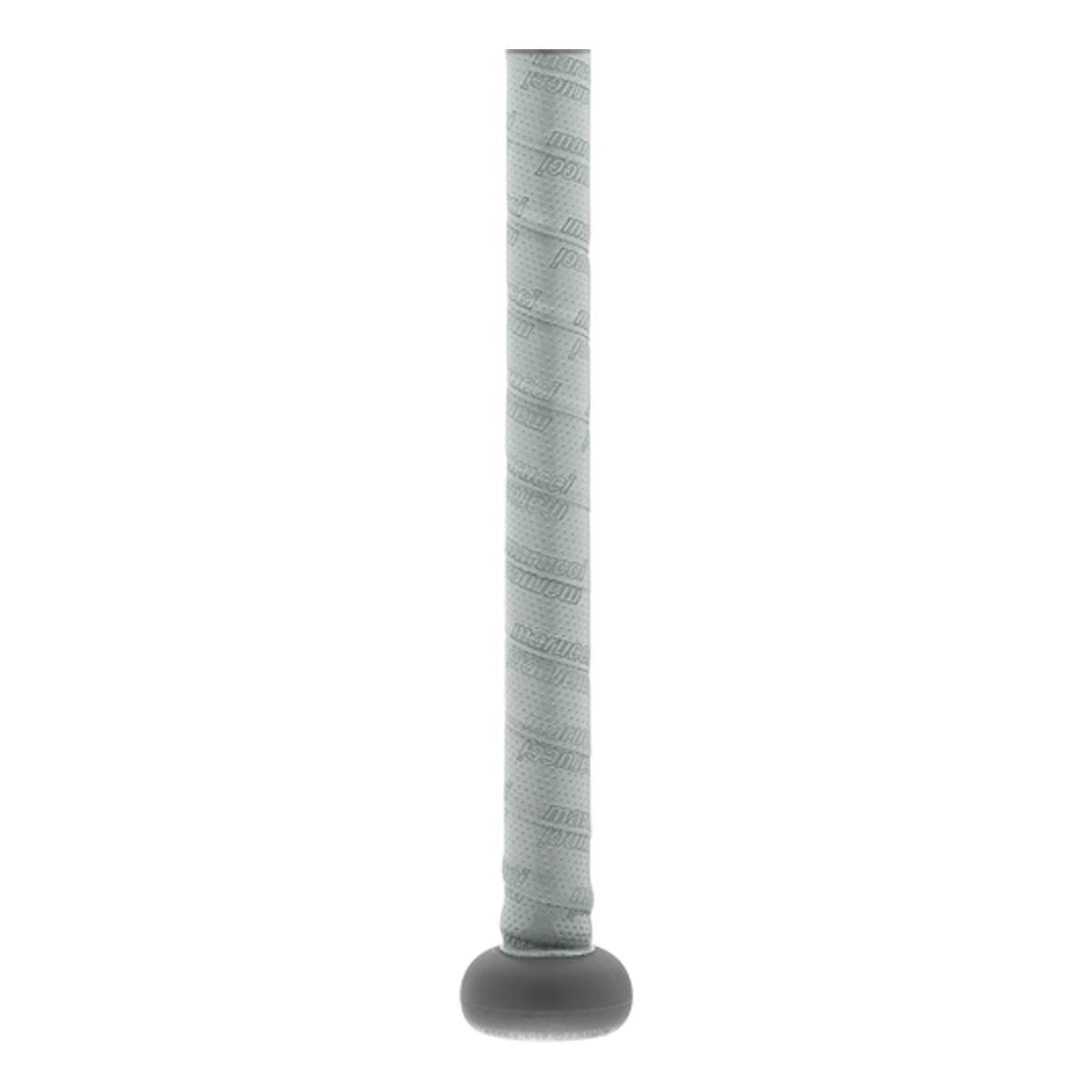 Close-up of a gray baseball bat grip with repeating text and a dark gray knob.