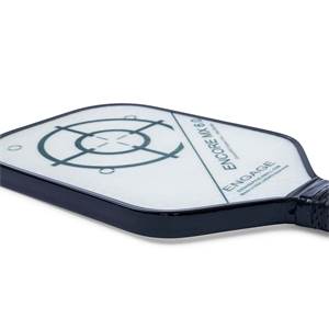 Corner view of a white pickleball paddle with a target design, ENCORE MX 6.0, and ENGAGE branding.
