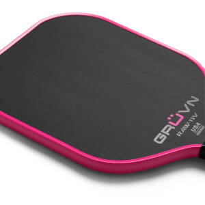 Close-up of a pink pickleball paddle with GRUVN RAW-13V USA Pickleball Approved branding.