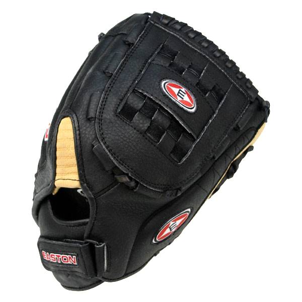 Top-down view of a black baseball glove with a woven web, red Easton logos, and tan padding.