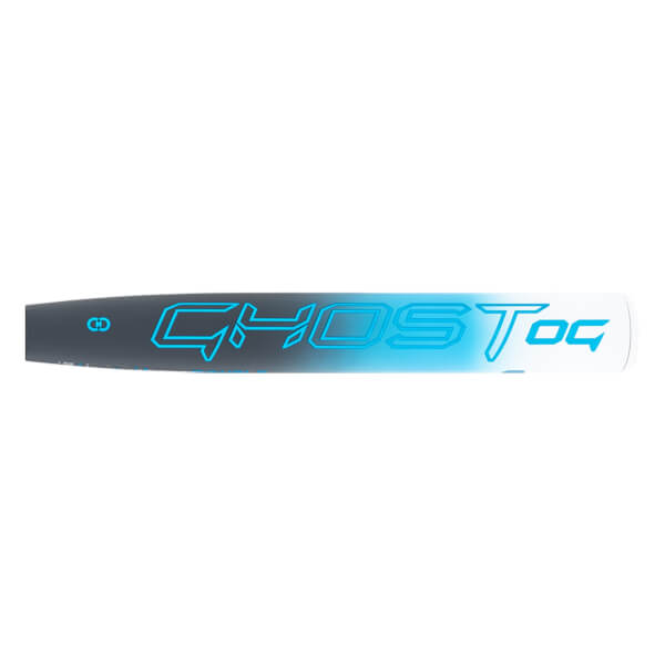 Close-up of a dark gray to white gradient fastpitch softball bat with bright blue GHOST OG text and a CD logo.