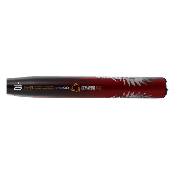Side view of a red and black DeMarini FNX fastpitch softball bat with white feather graphics and PHP-21 text.