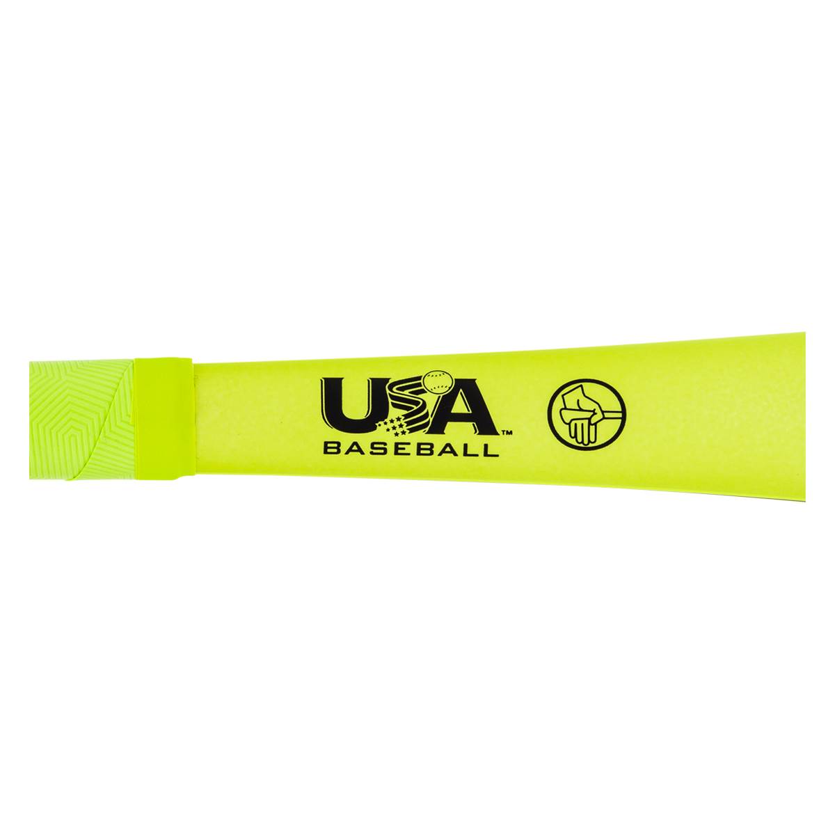 Close-up of a neon yellow baseball bat grip with USA Baseball logo and a hand graphic.